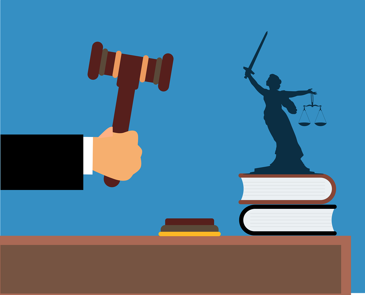 Zeichnung einer Hand mit Richterhammer, Gesetzesbüchern und Justitia 